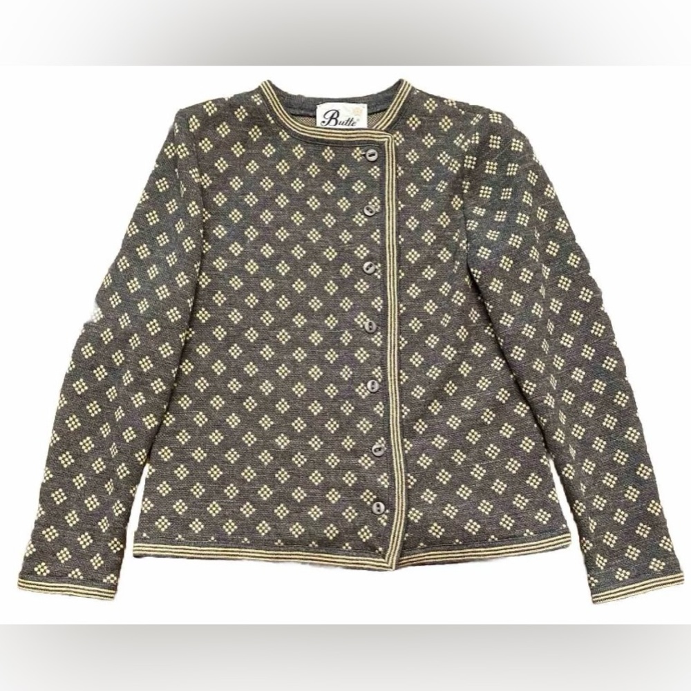 Vintage 60s Butte Knit Charcoal Gold Accents Long Sleeve Cardigan Jacket Sz M